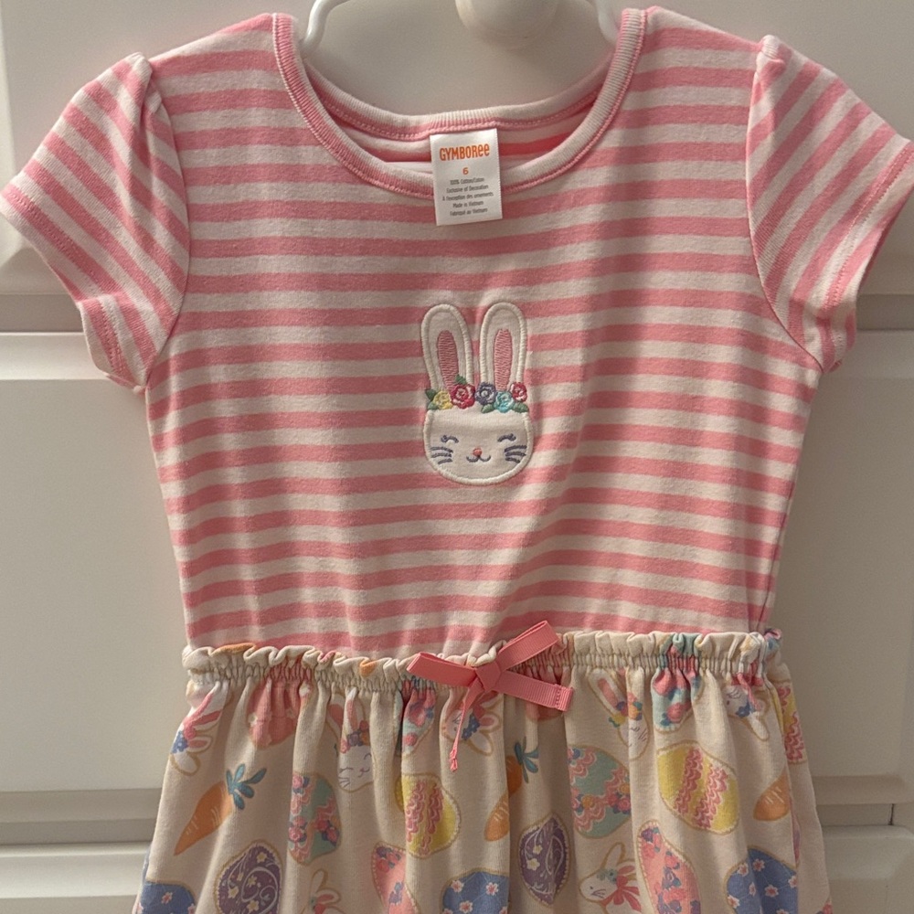 Gymboree Easter Pink Striped Dress with Bunny and Patterned Skirt